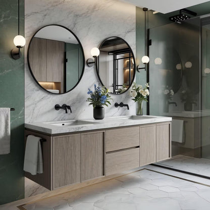 60"-84"Modern Floating Bathroom Vanity with Double Sinks & Round Black Framed Mirrors