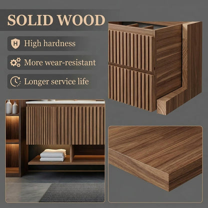 60”-96” Modern Walnut Floating Bathroom Vanity with Double sinks, Fluted Panels & LED Lighted Medicine Cabinets