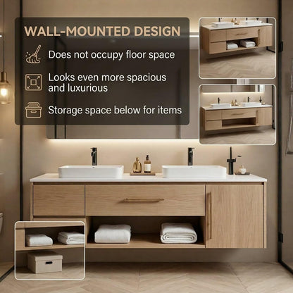 60”-96” Light Wood Floating Bathroom Vanity with Double Sinks & LED Backlit Mirror