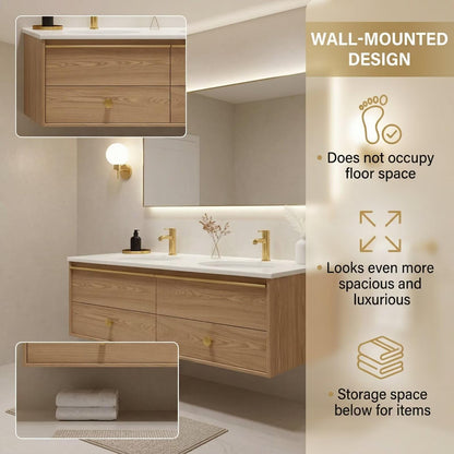 60"-84"Light Oak Floating Bathroom Vanity Set with Gold Hardware & LED Mirror