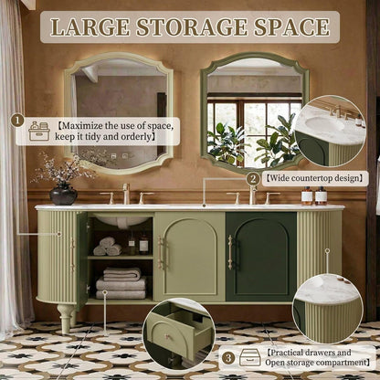 60"-96"Vintage Green Floating Vanity with Double Basins, Storage & Brass Hardware