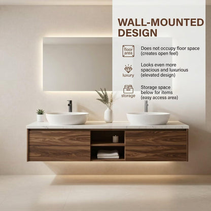 60"-84"Modern Walnut Floating Bathroom Vanity with Double Vessel Sinks & Marble Top