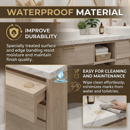 60”-84”Double Sink Floating Bathroom Vanity with Gold Oval Mirrors, Light Wood Cabinet & Marble Top