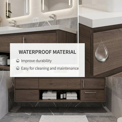 60”-96” Modern Dark Wood Vanity with Double Basins, Storage Drawers & LED Wall Mirrors