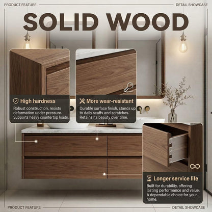 60"-84"Modern Wall-Mounted Bathroom Vanity with White Countertop & Double Vessel Sinks