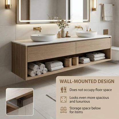 60“-96”Modern Floating Bathroom Vanity with Open Shelf & Gold Hardware