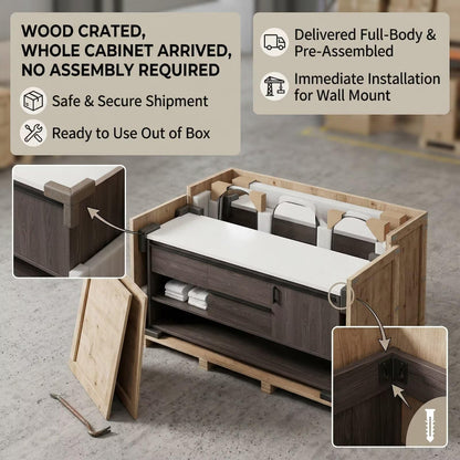 60"-96"Modern Wall-Mounted Bathroom Vanity with Open Shelf & White Countertop