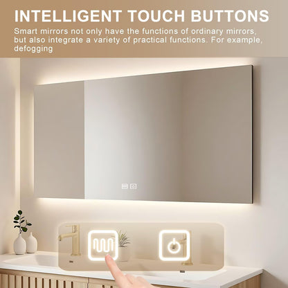 60”-84” Double Sink Floating Bathroom Vanity with LED Backlit Mirror, Wall Mounted Fluted Oak Vanity with White Top & Gold Faucets