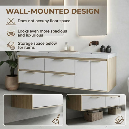 60"-96"Modern Wall-Mounted Bathroom Vanity with Stone Top & Light Wood Trim