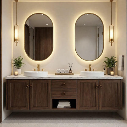 60"-84"Luxury Walnut Bathroom Vanity with Undermount Sinks & Backlit Oval Mirrors