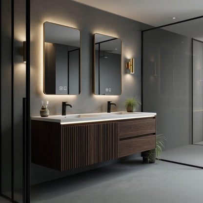 60"-96"Dark Walnut Floating Bathroom Vanity with Fluted Doors & LED Mirrors