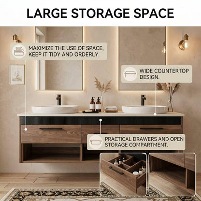 60"-96"Modern Wood Vanity with Black Fluted Trim & 6 Drawer Storage
