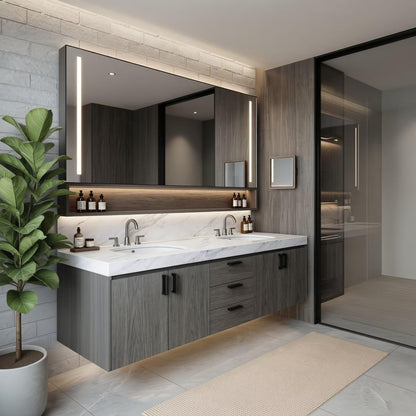 60"-96"Modern Wall-Mounted Bathroom Vanity with Double Sinks & Open Mirror Shelf