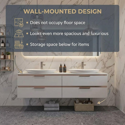 60”-84”Modern Double Sink Floating Vanity with LED Mirror, White Cabinet & Rose Gold Trim