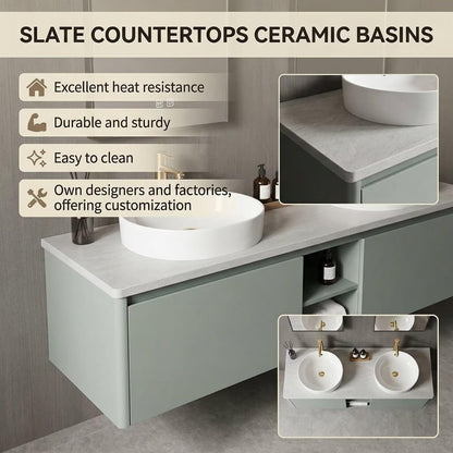 60”-84”Double Sink Floating Bathroom Vanity with LED Mirrors, Light Gray Cabinet & White Stone Top