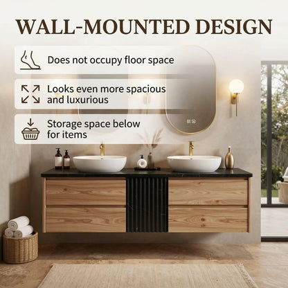 60”-84”Double Sink Floating Vanity with Gold Oval Mirrors,Black Stone Top