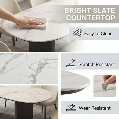 60"-80"Modern Oval Dining Table, White Marble Top with Matte Black Legs for Dining Room
