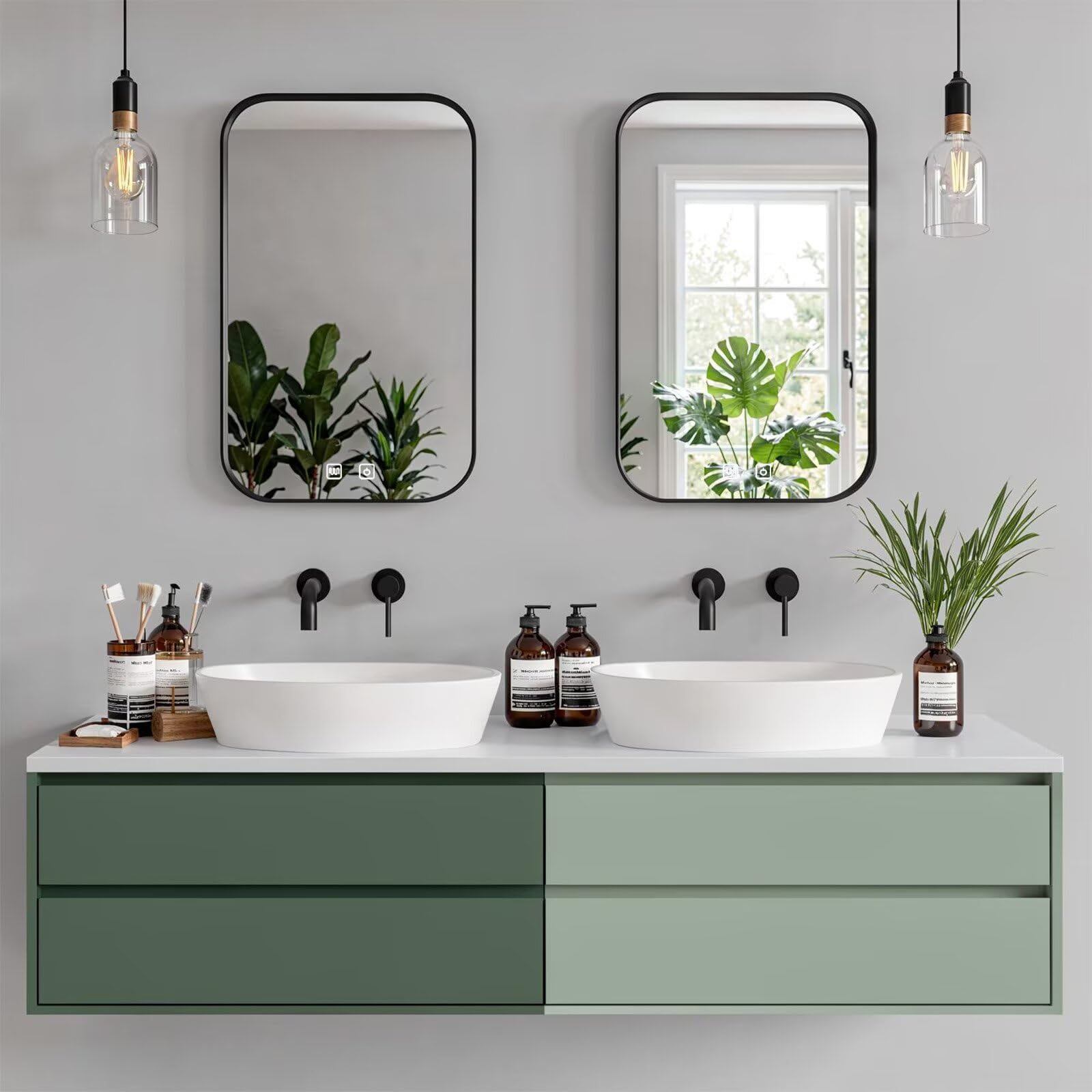 60"-96"Sage Green Floating Bathroom Vanity with Double Sinks & Black Framed Mirrors