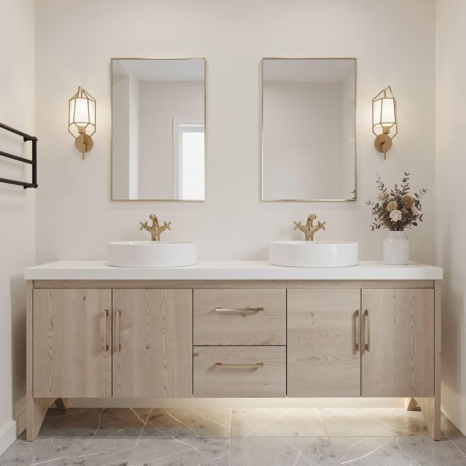 60"-96"Light Oak Bathroom Vanity with Double Vessel Sinks & Gold Hardware