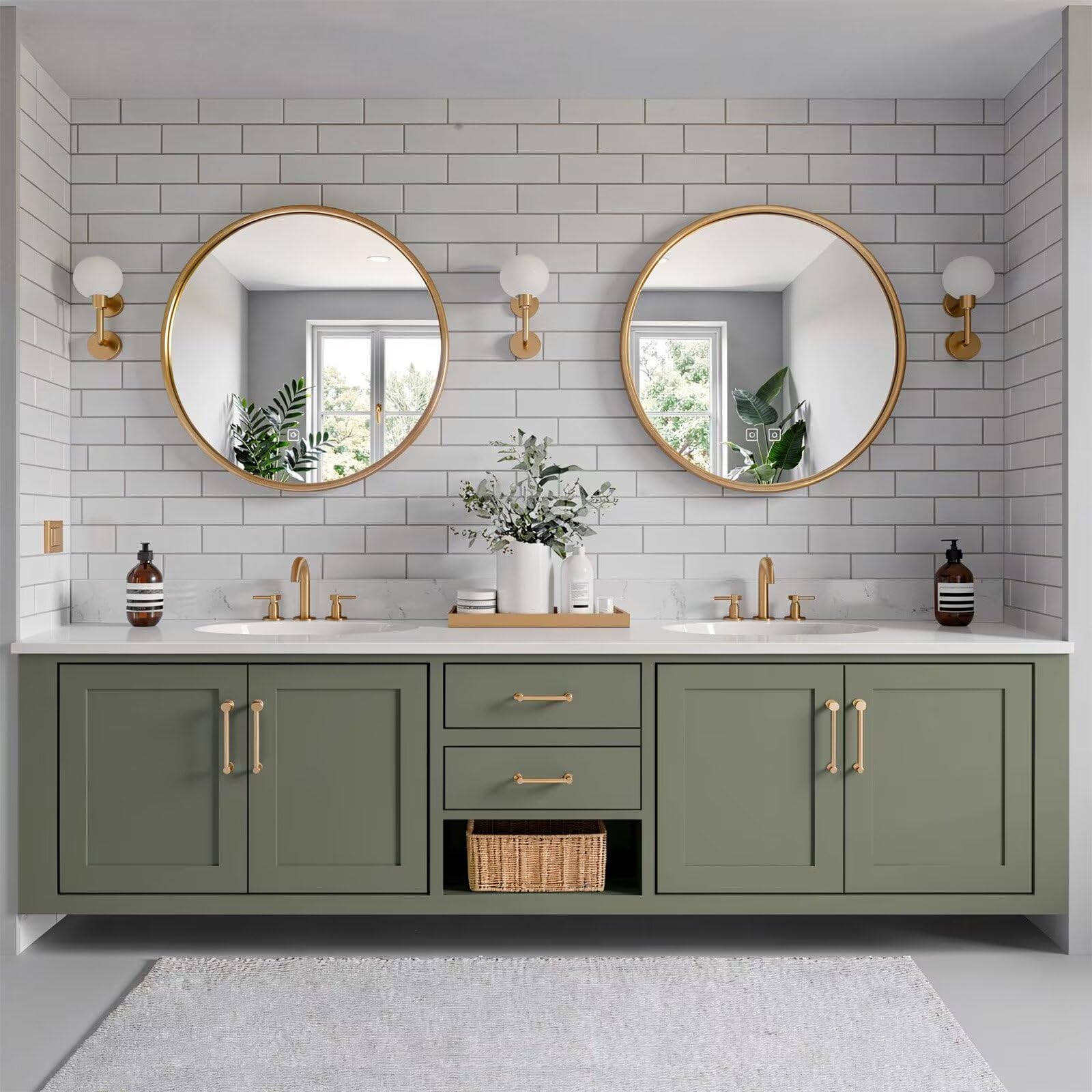 60"-96"Contemporary Sage Green Vanity with Gold Trim, Drawers & Open Shelf