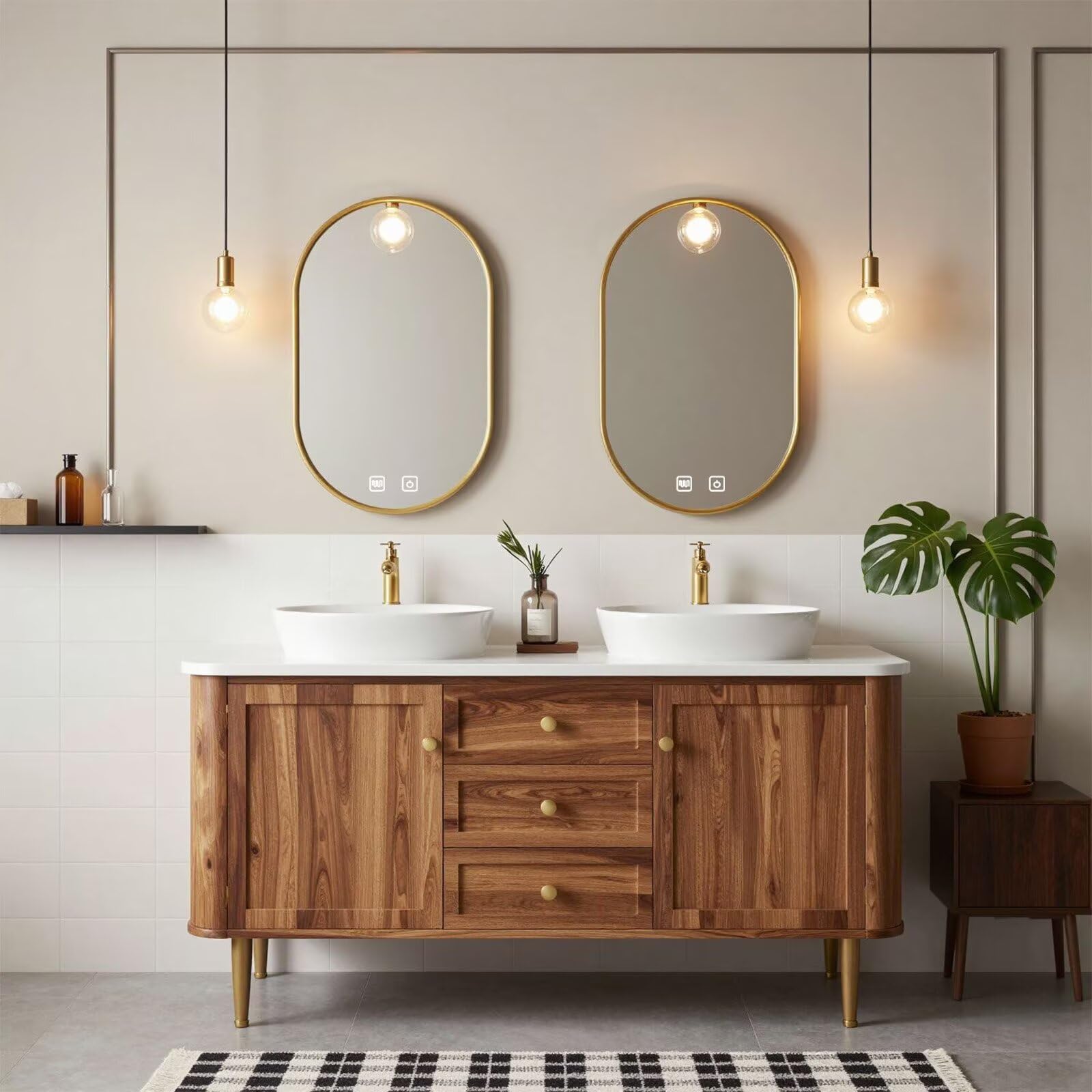 60"-96"Wood Freestanding Double Bathroom Vanity with White Top & Gold Oval LED Mirrors