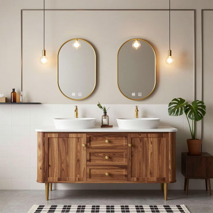60"-96"Wood Freestanding Double Bathroom Vanity with White Top & Gold Oval LED Mirrors