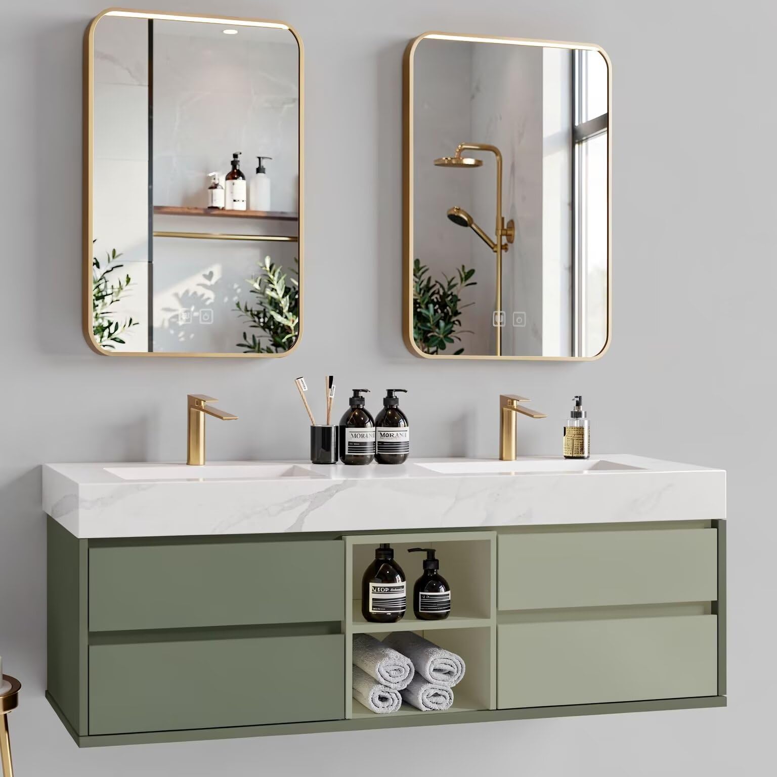60"-96"Modern Sage Green Bathroom Vanity with Marble Top & Gold LED Mirrors