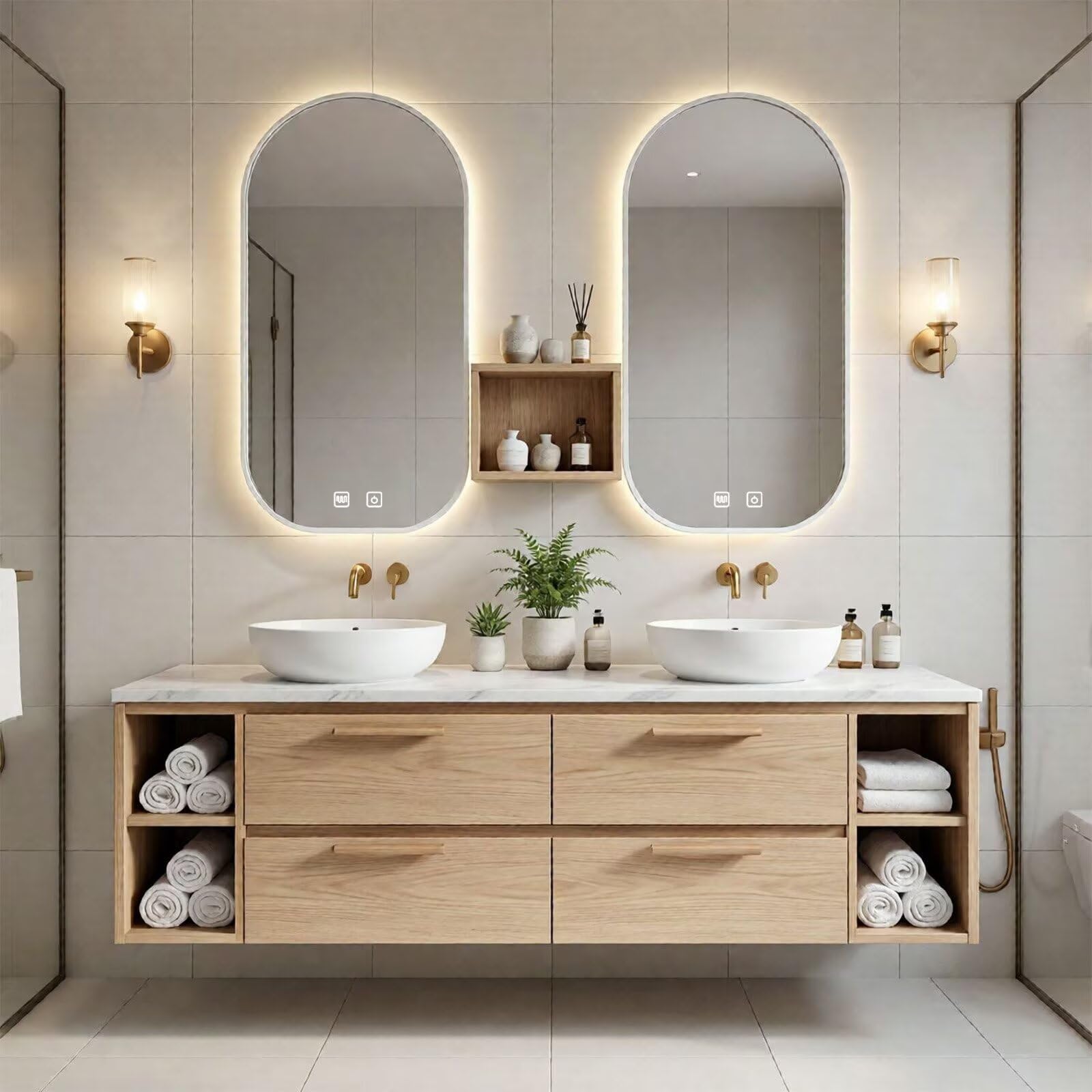 60“-96”Contemporary Oak Bathroom Vanity with Marble Countertop & LED Backlit Mirrors