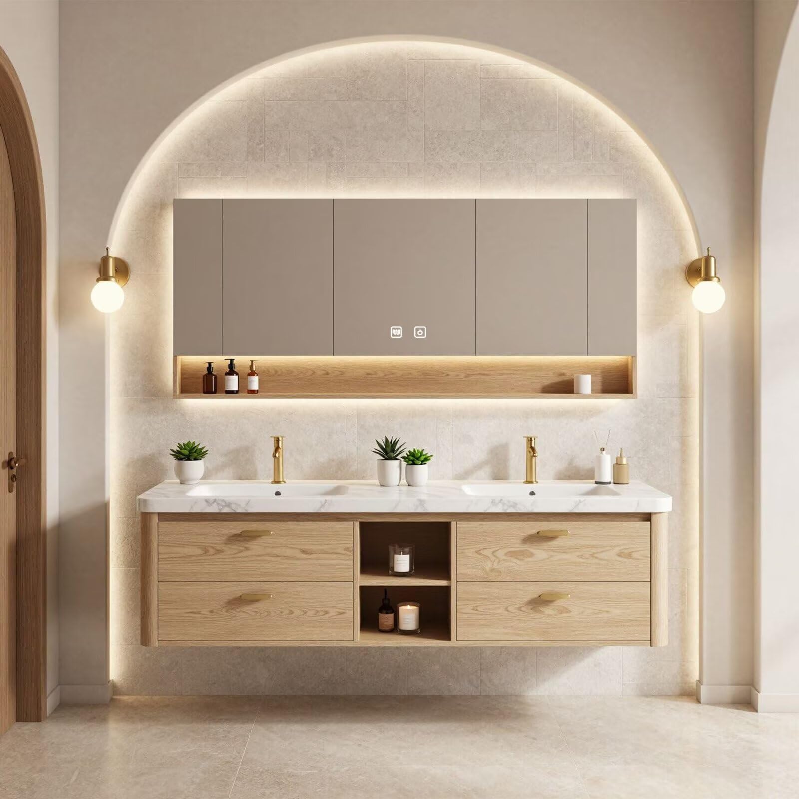 60"-96"Floating Oak Double Bathroom Vanity with Marble Countertop & LED Mirror Cabinet