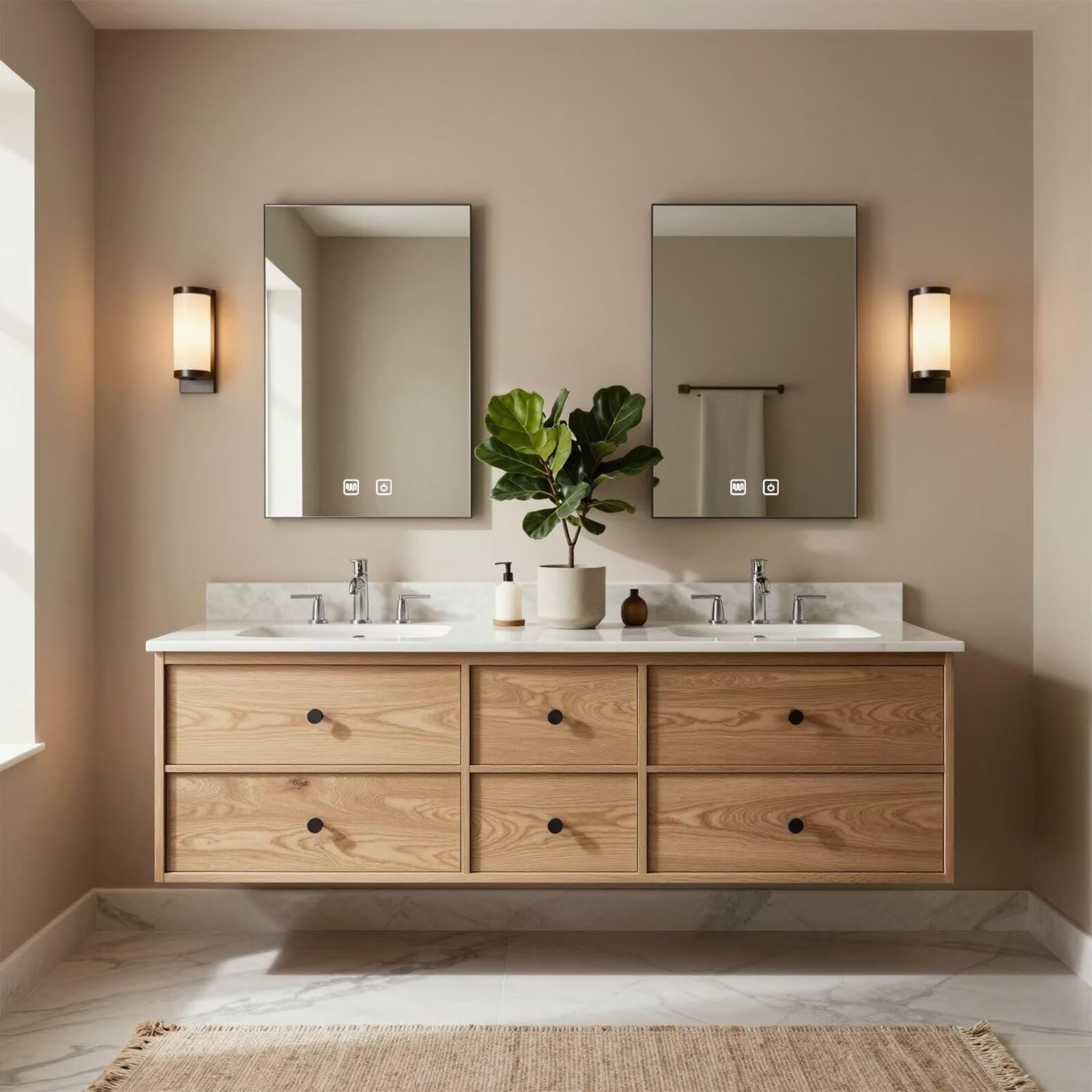 60"-96"Floating Oak Double Bathroom Vanity with Marble Countertop & 6 Drawer Storage