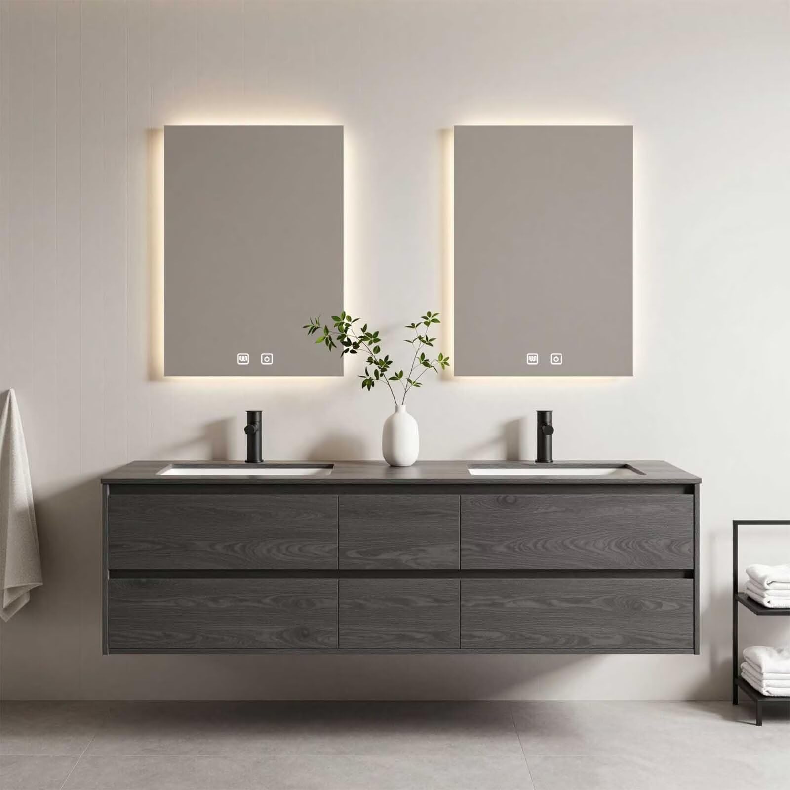 60"-96"Dark Oak Floating Bathroom Vanity with Double Sinks & LED Backlit Mirrors