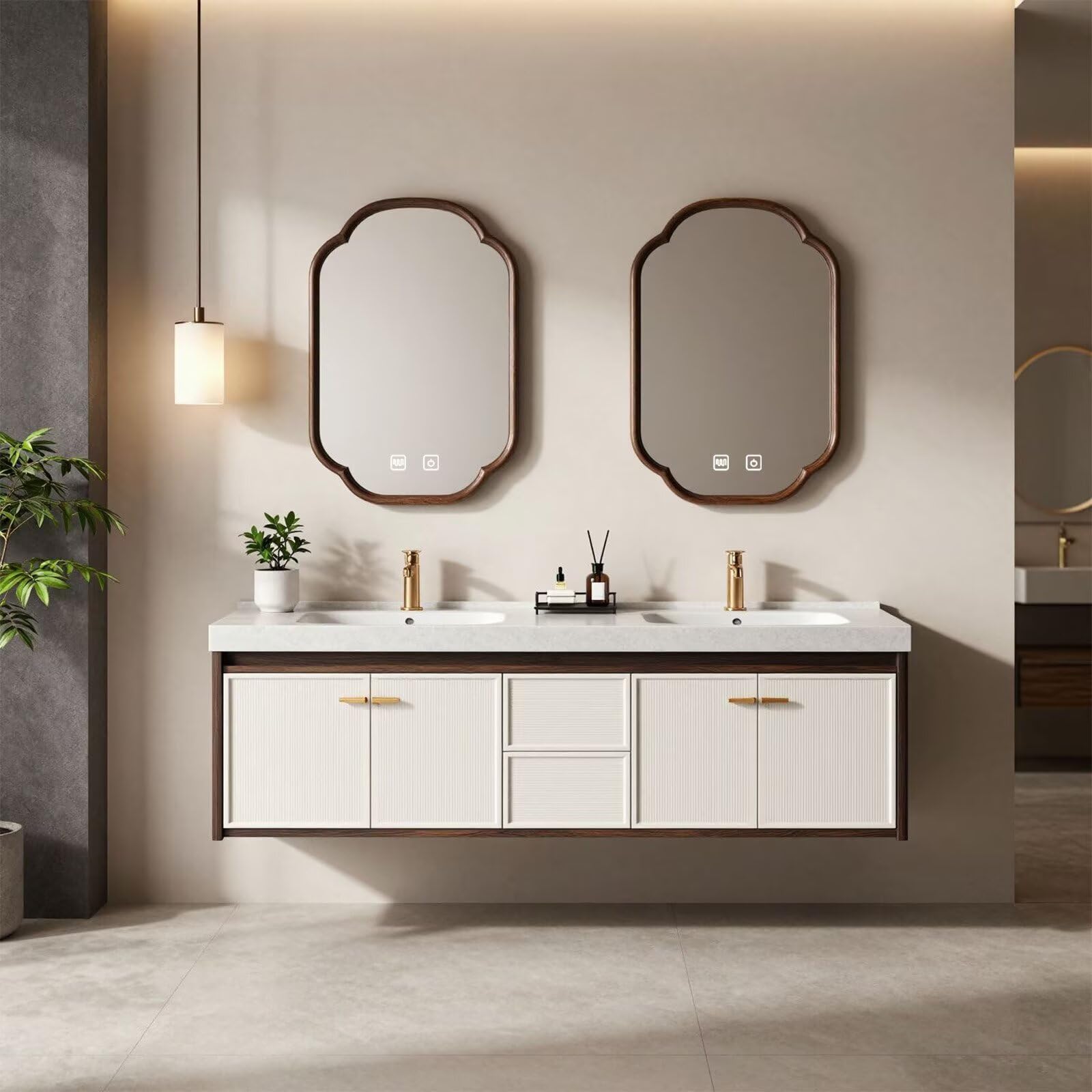 60"-96"Floating Double Bathroom Vanity with White Ribbed Doors & Arched LED Mirrors