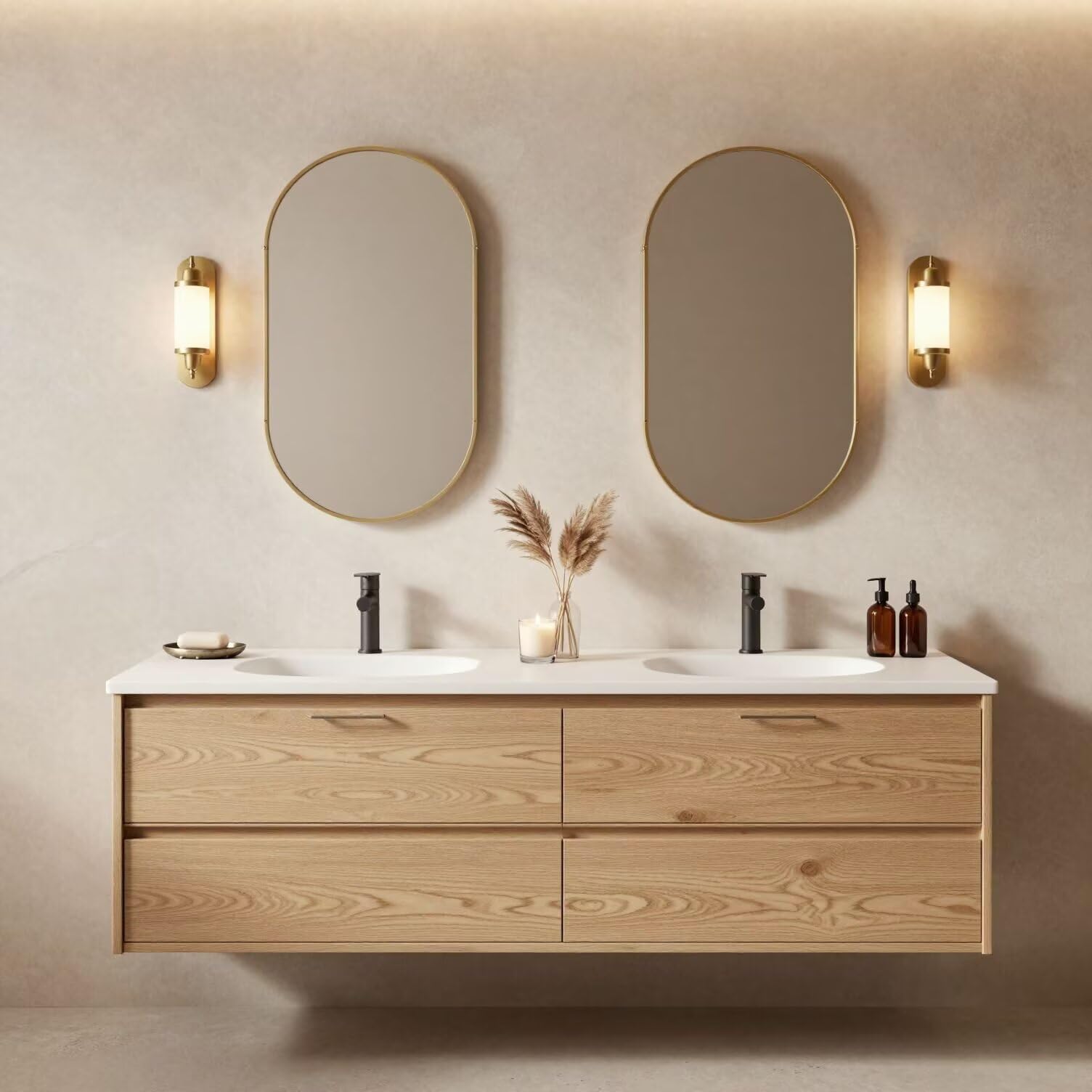 60"-96"Light Oak Bathroom Vanity with Double Sink & Wall-Mounted Storage
