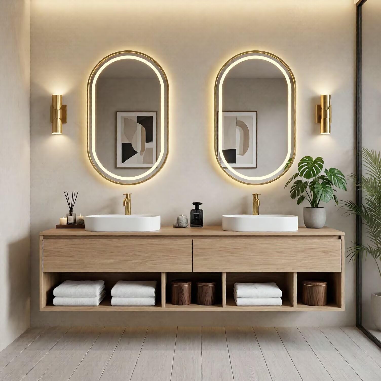 60“-96”Modern oak bathroom vanity with double vessel sinks, wall-mounted storage cabinet