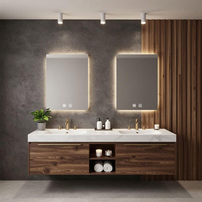 60"-96"Modern Wood Floating Bathroom Vanity with Double Sinks, Marble Countertop & LED Mirrors