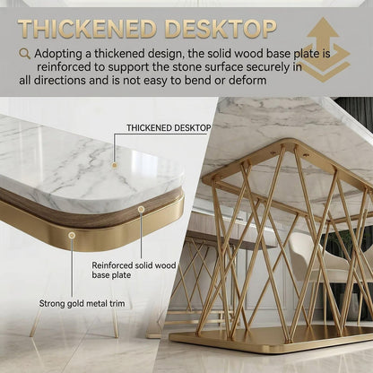 60"-80"Luxury Marble Dining Table, White Top with Rose Gold Geometric Base for Dining Room