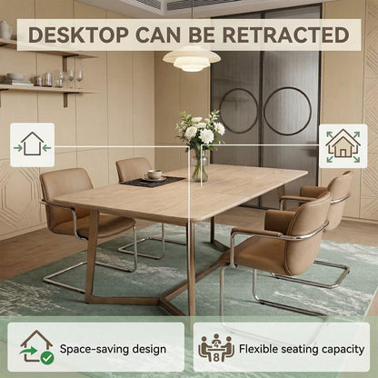60"-80"Light Wood Dining Table, Modern Rectangular Kitchen Table with Metal Cross Base