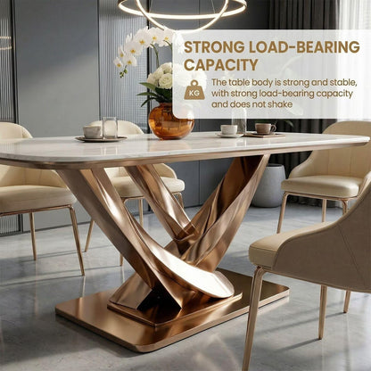 60"-80"Luxury White Marble Dining Table, Modern Kitchen Table with Elegant Rose Gold Base