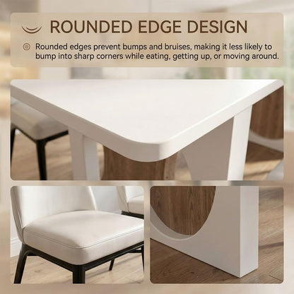 60"-80"Modern White Dining Table, Rectangular Kitchen Table with Stylish Wood Accent Base
