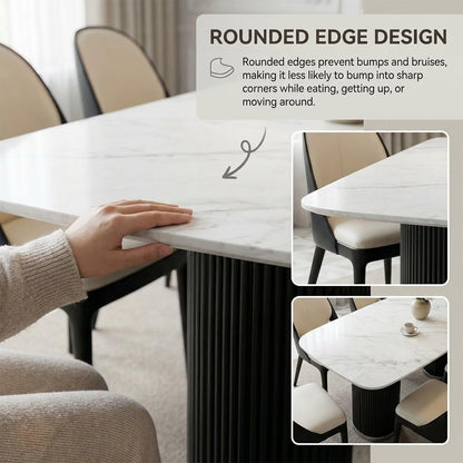 60"-80"White Marble Dining Table, Modern Rectangular Kitchen Table with Black Fluted Base