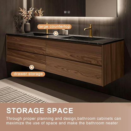 60”-84”Wall Mounted Double Sink Bathroom Vanity with LED Mirror, Wood Floating Cabinet with Black Stone Top, Natural Wood