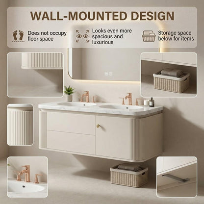 60"-84"Luxury Curved Bathroom Vanity with Double Basin & Smart LED Lighted Mirror