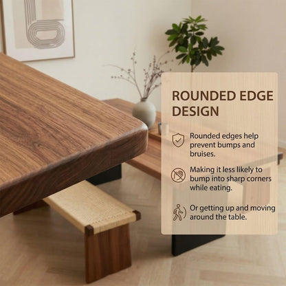 60"-80"Rectangular Walnut Dining Table with Black Metal Legs & Woven Bench, Mid-Century Style