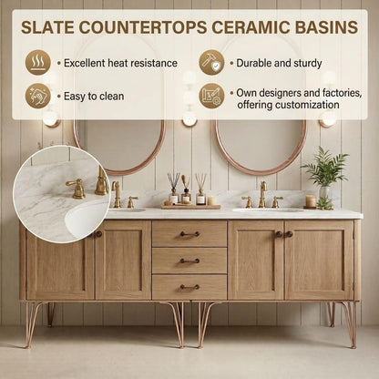 60"-96"Light Oak Double Sink Bathroom Vanity with Marble Top & Rose Gold Legs