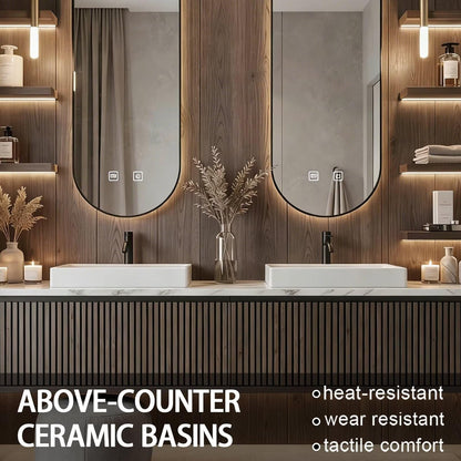 60”-84”Double Sink Floating Bathroom Vanity with LED Oval Mirrors, Dark Fluted Wood Cabinet