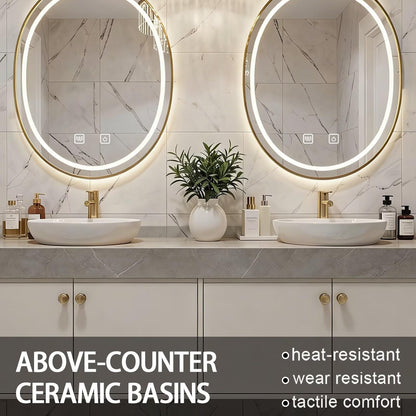60"-84"Floating Beige Bathroom Vanity with Double Vessel Sinks & LED Round Mirrors