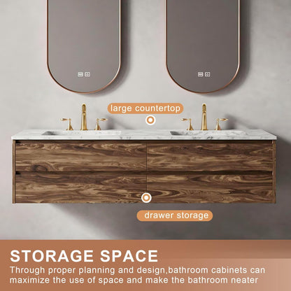 60”-84”Double Sink Floating Bathroom Vanity with Marble Top & Rose Gold LED Mirrors, Wall Mounted Walnut Wood Vanity with Storage Drawers