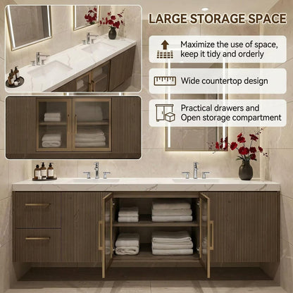 60"-96"Floating Bathroom Vanity with Double Sinks, LED Mirrors & Fluted Wood Finish
