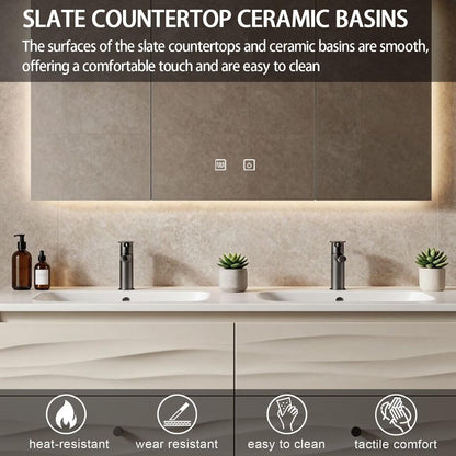 60”-84”Double Sink Floating Bathroom Vanity with LED Mirror Cabinet, White Textured Cabinet