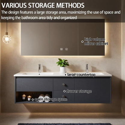 60"-84"Floating Dark Gray Bathroom Vanity with Open Shelf & Backlit LED Mirror Cabinet